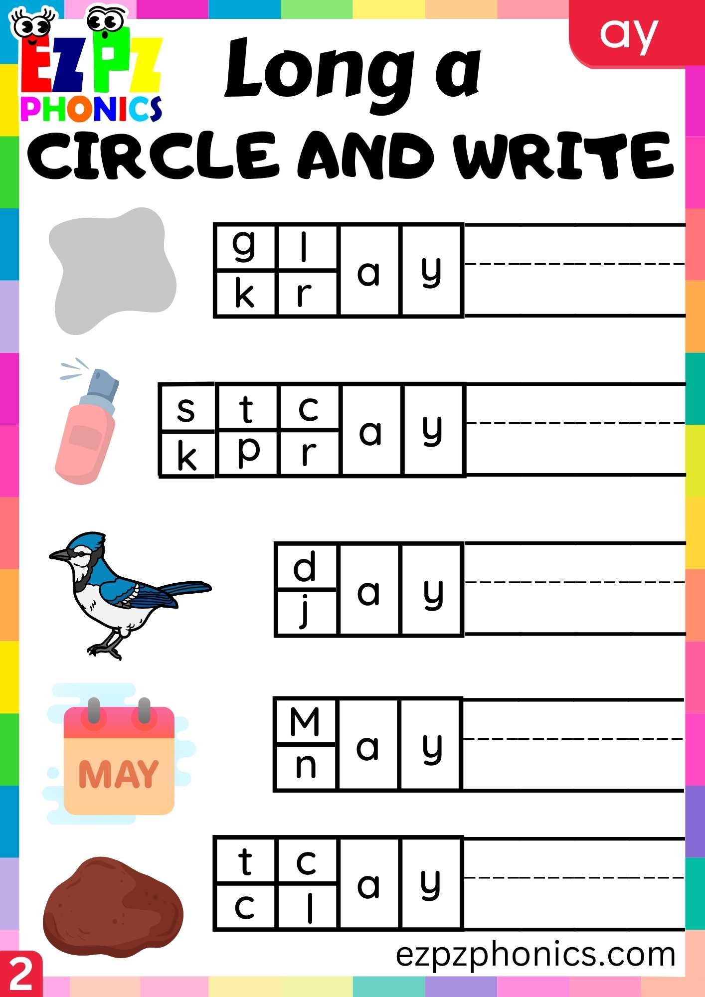Group2 AY Words Circle And Write Long A Phonics Worksheet